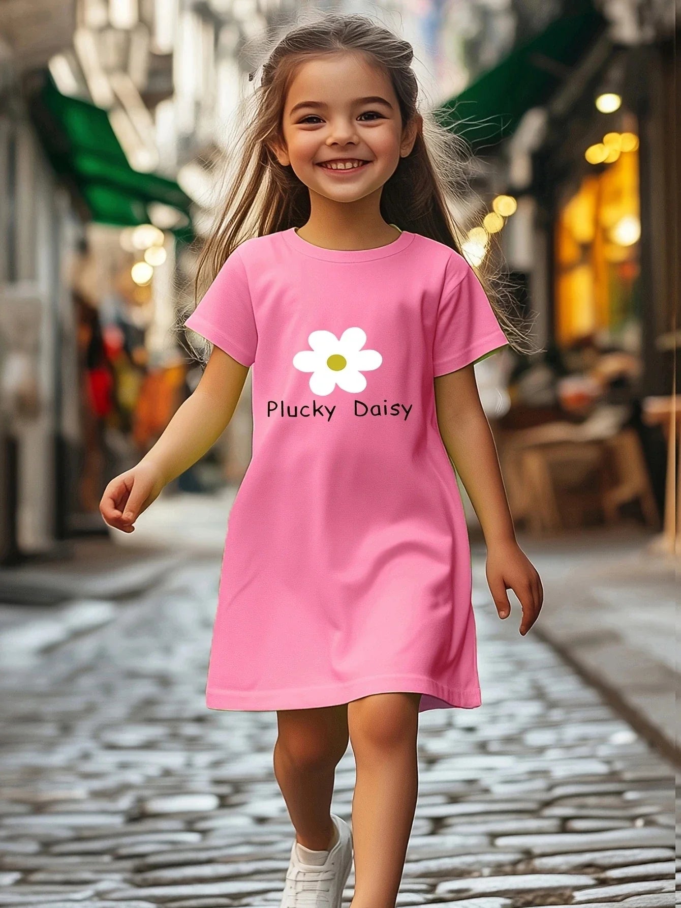 Girls' white floral print dress, comfortable polyester blend, elastic and comfortable