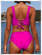 Drawstring High Waist Bikini 2023 Women Solid Swimwear Female Cross Front Swimsuit Padded Beachwear Bather Bathing Swimming Suit