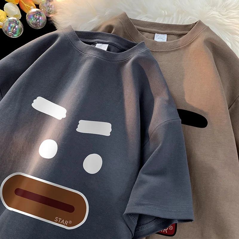 Vintage Fun Micro Expression Print Oversize T-shirt Men's High Street Fashion Cartoon Couple Short Sleeve Round Neck Top