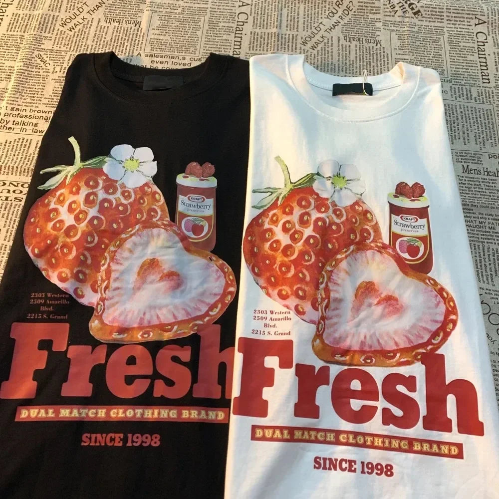 Fresh Strawberry American Retro Creative Printing Short-sleeved Plus Size T-shirt Women's Fashion Brand Loose Versatile Shirt