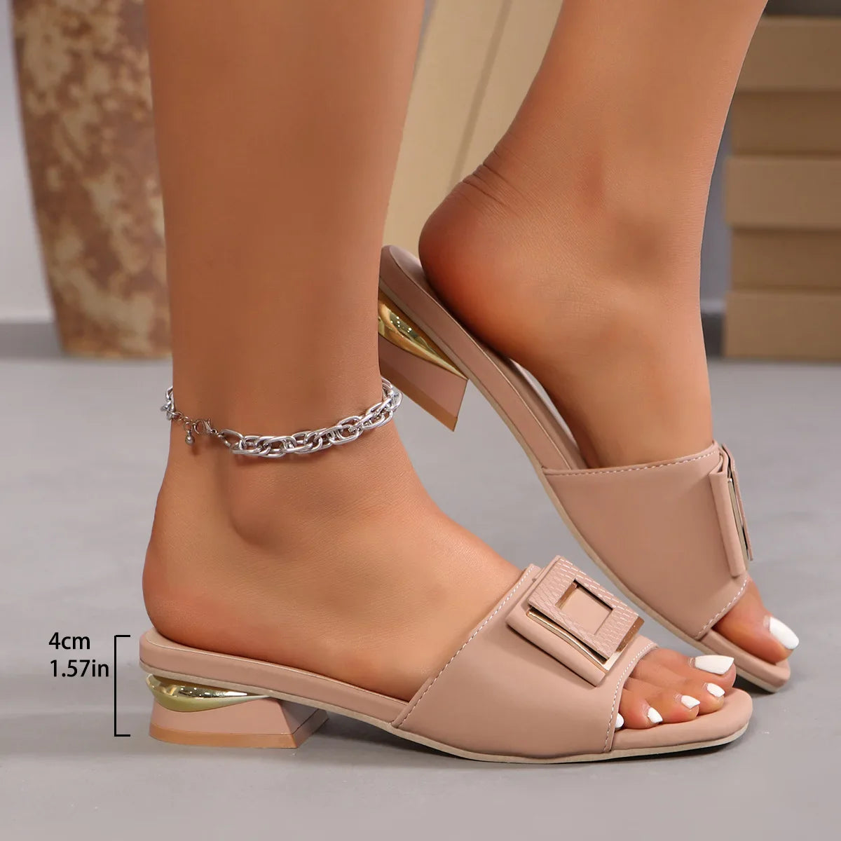 Fashion Women High Heel Slippers Summer Slip on Elegant Low Heel Shoes for Wedding Party Comfortable Non-slip Women's Slippers