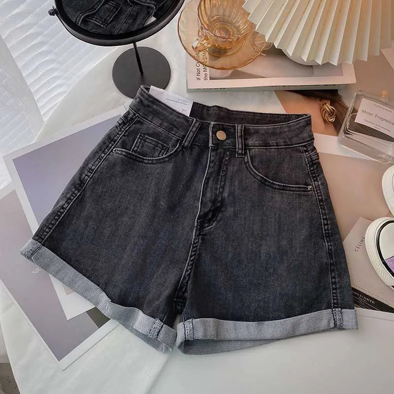 High-waisted Plus-size Women Jeans Student Casual Versatile Trendy A- line Hot Pants Cotton Material Straight Cylinder Style