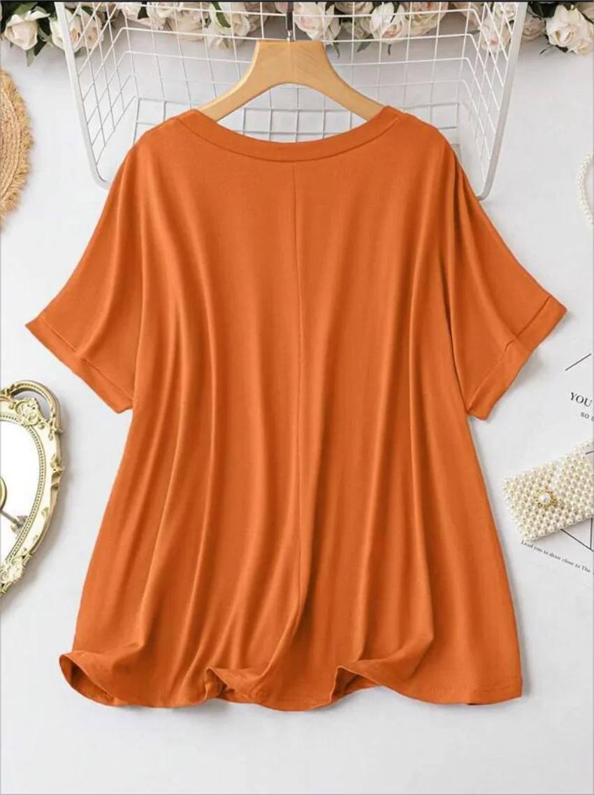New Plus Size European and American Women's Casual V-neck Solid Color T-shirt
