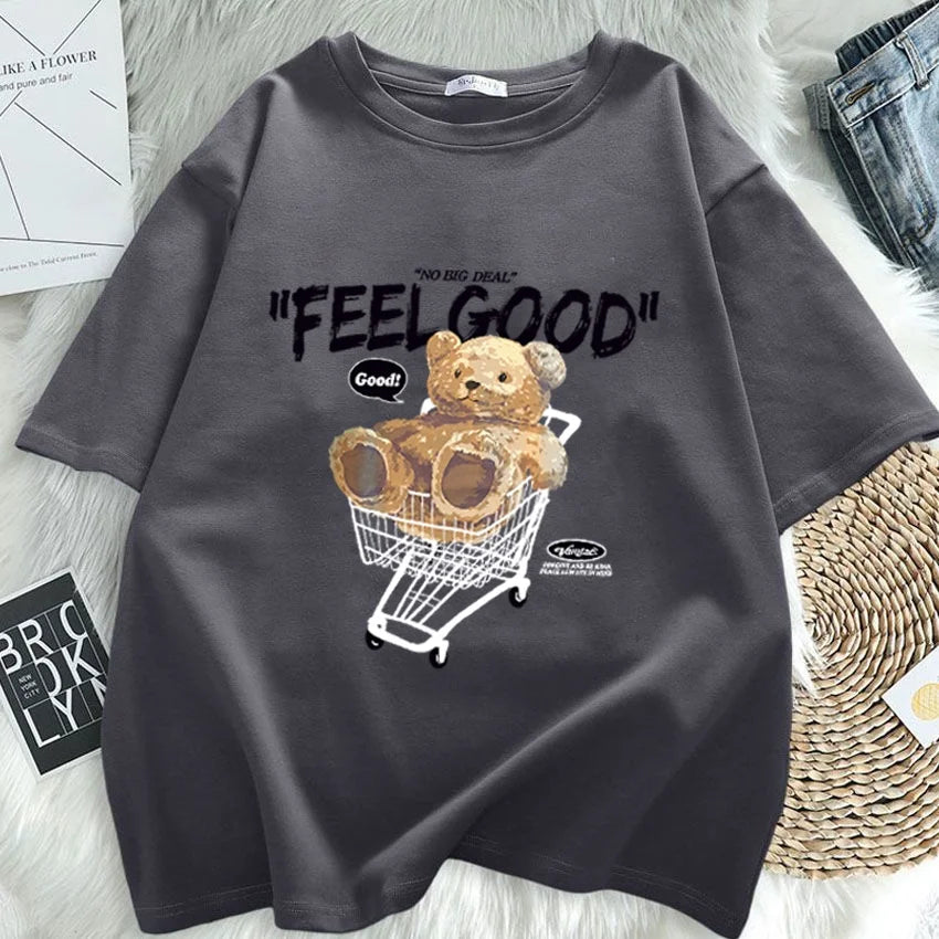 Cartoon Bear Short Sleeve T-shirt Women Loose Top Fashion Korean Style Tee