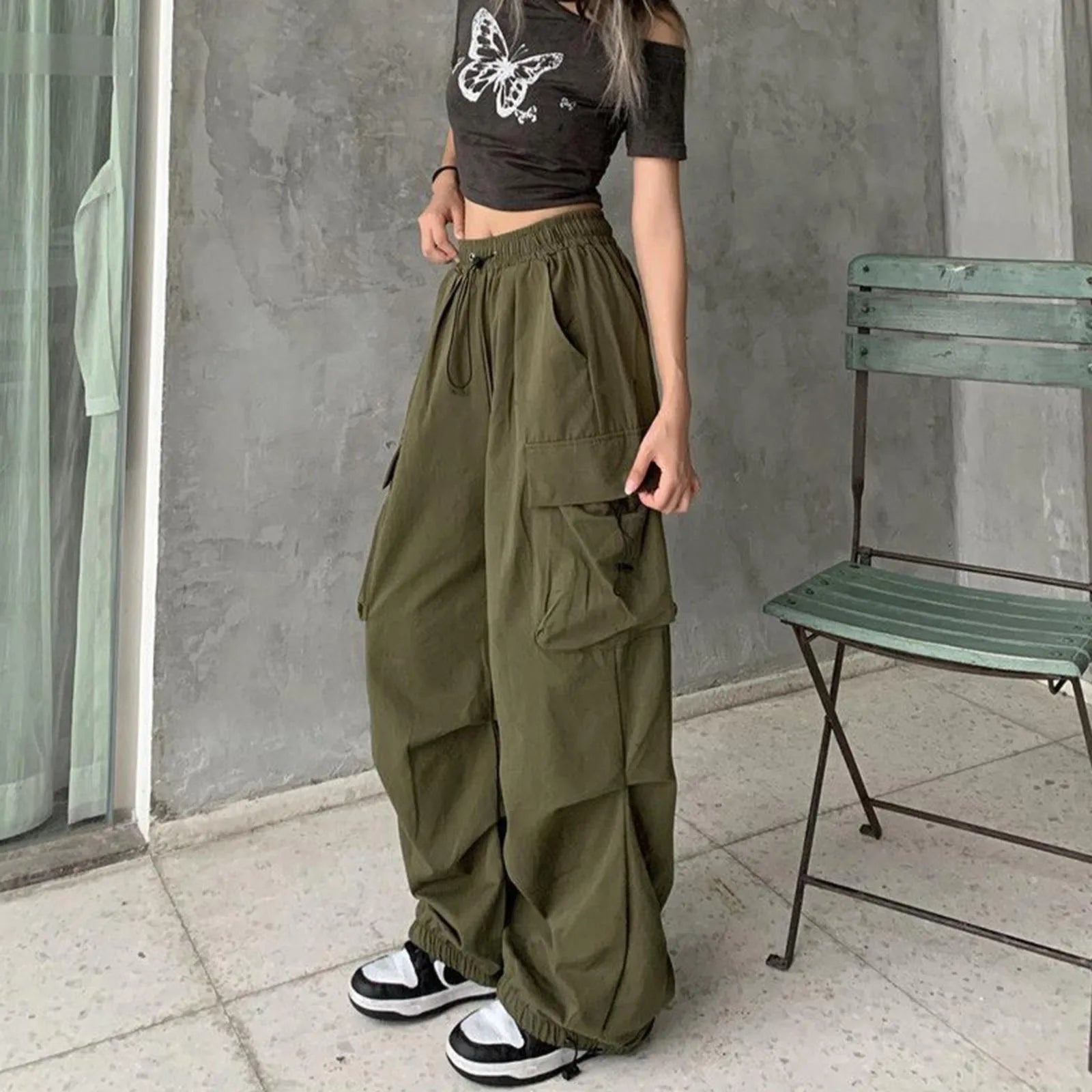 Green Women Baggy New Pants Cargo Trousers Streetwear Multi Pockets Casual Loose Trousers Outdoor Tracksuit Women Pants