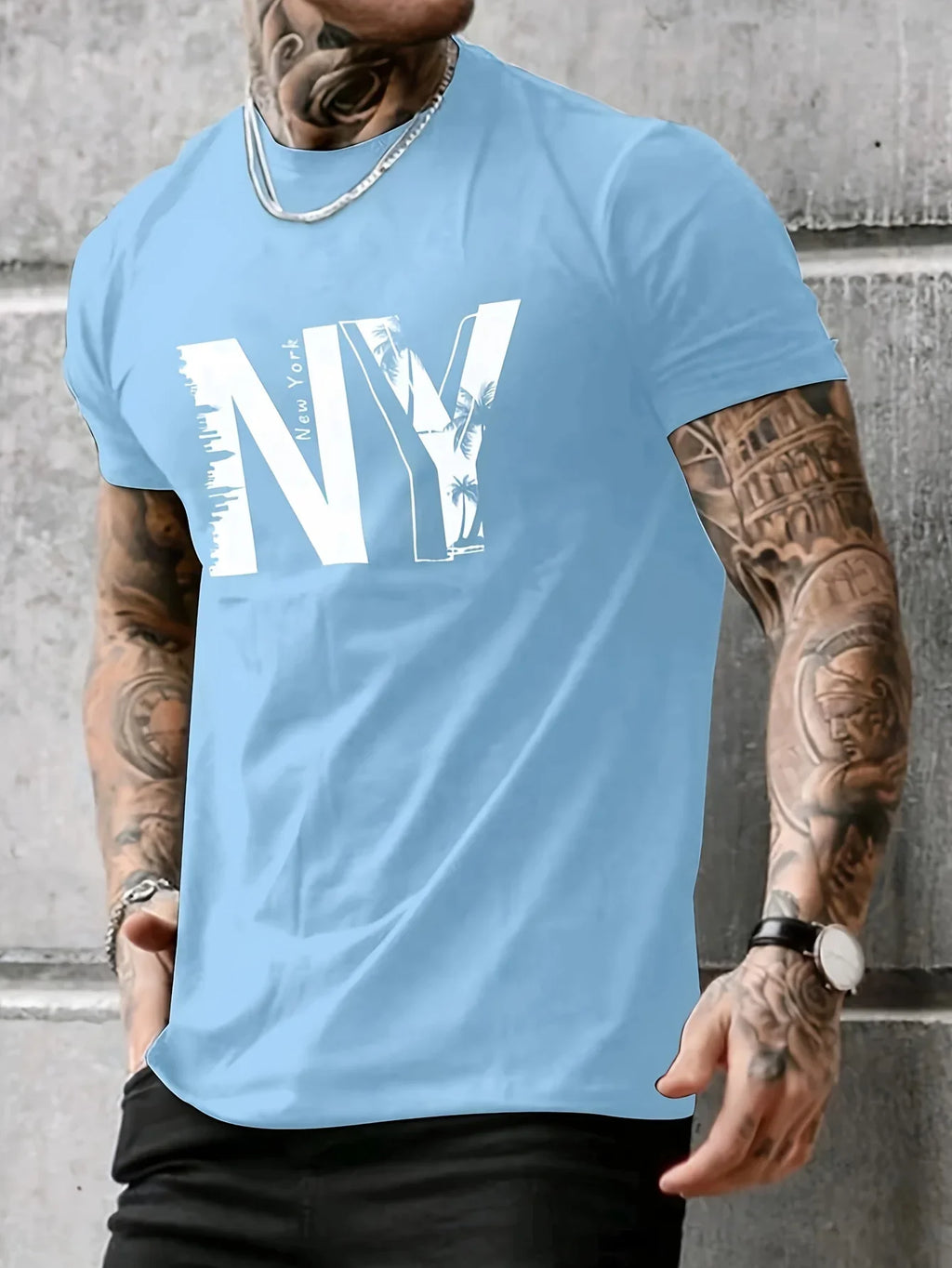 Summer men's 100% pure cotton casual loose plus size NY letter printed sports comfortable round neck short sleeved T-shirt top