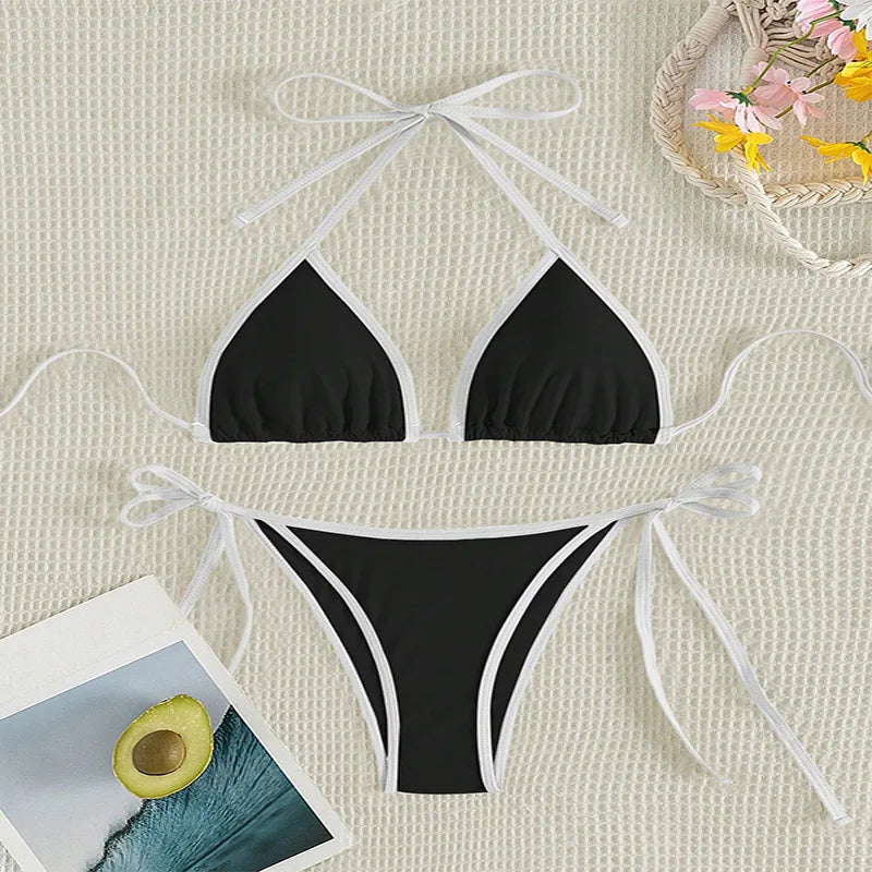 Contrasting Colors String Micro Thong Bikinis Sets Sexy Swimsuit Women 2025 Halter Mini Swimwear Biquinis Beachwear Bikini Mujer