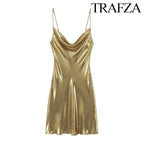 TRAF Women's Metallic Colour Glitter Dress Sexy Backless Sleeveless Spaghetti Strap Dresses Party Bar Sleeveless Short Dresses
