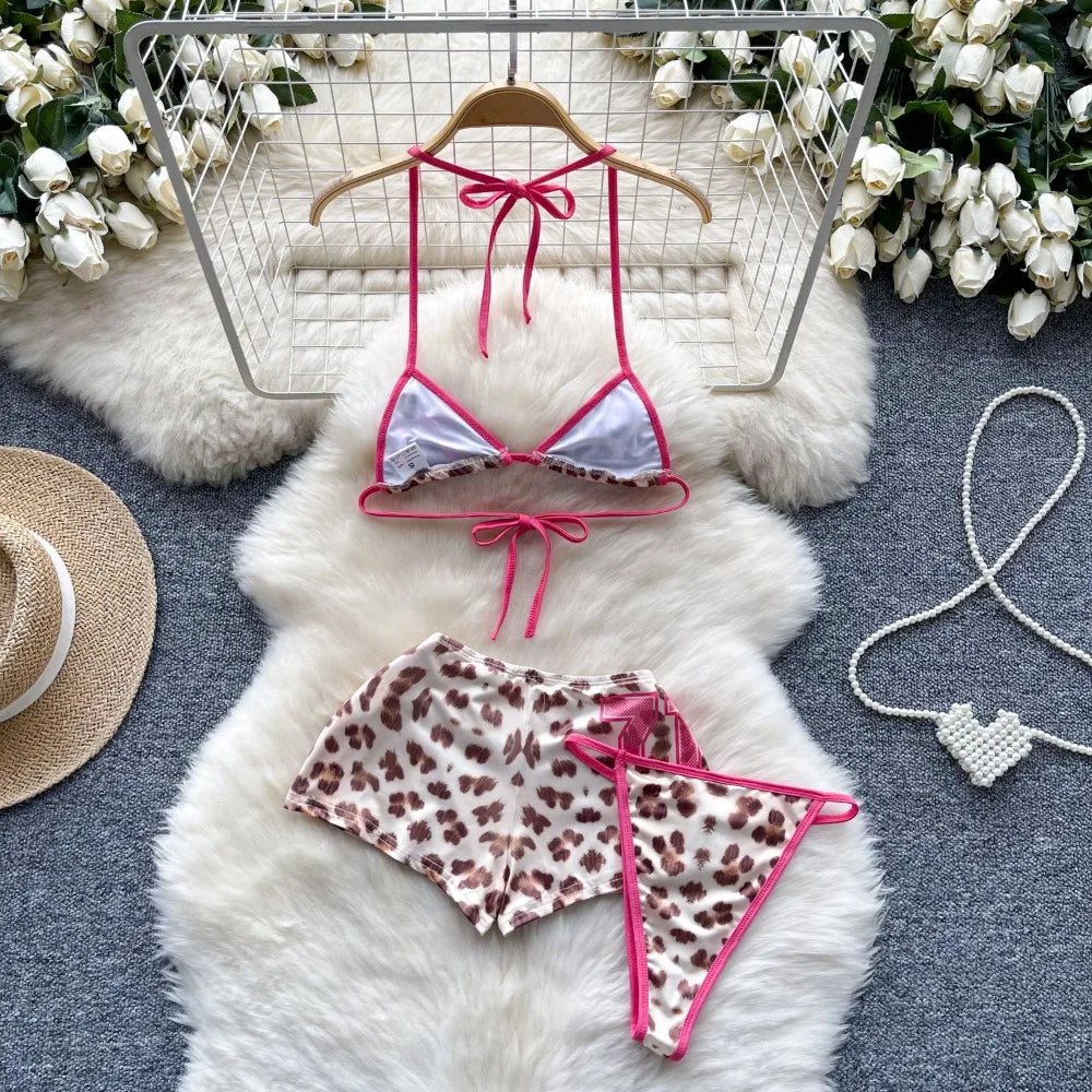 Foamlina American Pure Desire Hottie Strap Leopard Print Bikini Uniform Three-piece Suit Women's Summer Tube Top + Shorts