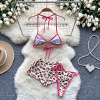 Foamlina American Pure Desire Hottie Strap Leopard Print Bikini Uniform Three-piece Suit Women's Summer Tube Top + Shorts