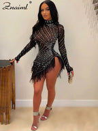 Znaiml Luxury 2023 Evening Celebrity Feathers Sheer Mesh Short Dresses for Women Sexy Pearls Rhinestones Party Birthday Vestidos