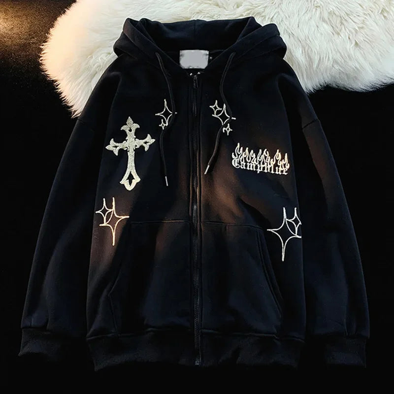 American Style Trendy Brand Embroidered Sport Jacket Oversize Couple Top Cardigan Hooded Sweatshirt Men Spring Autumn Casual Loo