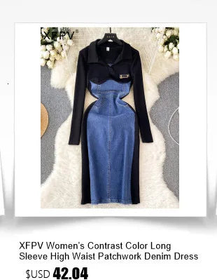 XFPV 2025 Summer Fashion Short Sleeve Round Neck High Waistband Slim A-line Denim Printed Patchwork Dress For Women SM11498