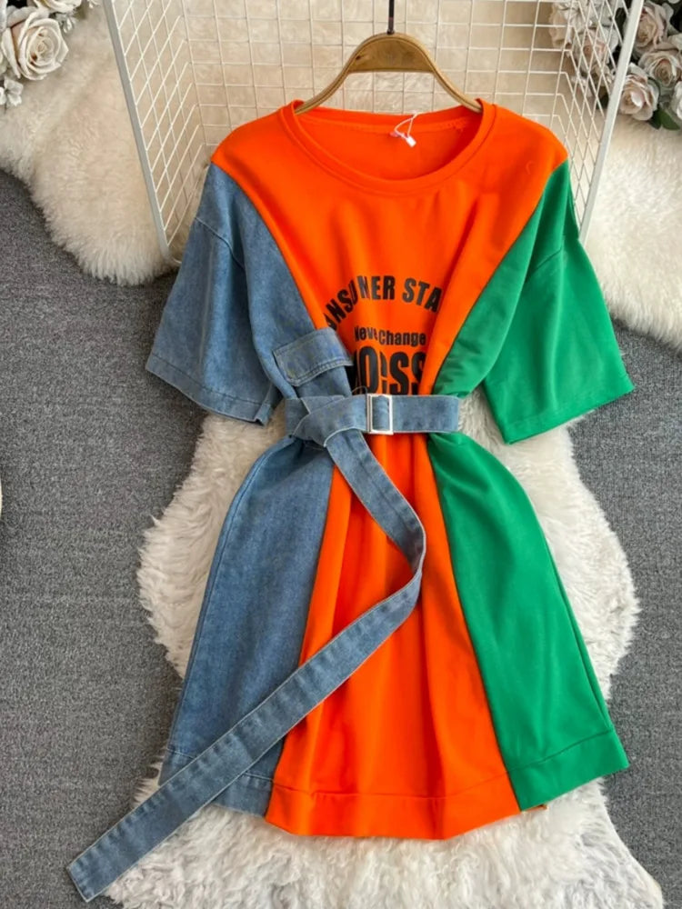 XFPV 2025 Summer Fashion Short Sleeve Round Neck High Waistband Slim A-line Denim Printed Patchwork Dress For Women SM11498