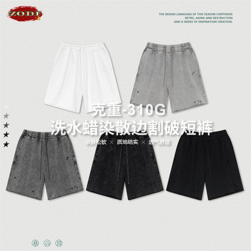 ZODF Retro 2025 Summer High Street Cotton Shorts Unisex Vintage Washed 310gsm Holes Distressed Shorts Brand Streetwears HY0985