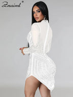 Znaiml Luxury Sheer Mesh Patchwork White Short Dress for Women Sparkly Crystal Rhinestones  Party Night Club Birthday Vestidos