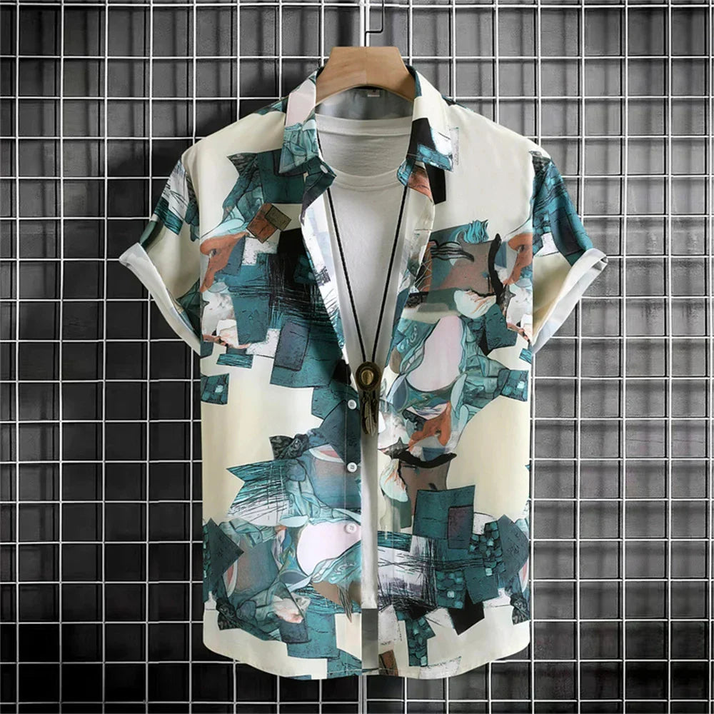 Summer men's And women's Personalized Irregular Pattern Print Design Tops short-sleeved Fashion Shirts Buttoned Versatile Tops