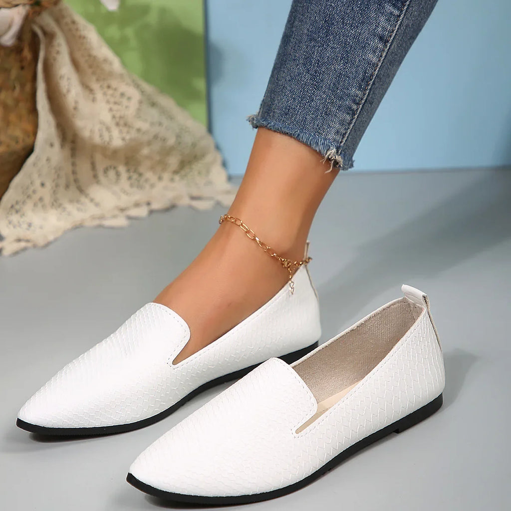 Women's Shoes PU Leather Loafers Ballet Flats Pointed Toe Barefoot Slip-on Casual Low Heel Fashion Stone Pattern Woman Flat Shoe