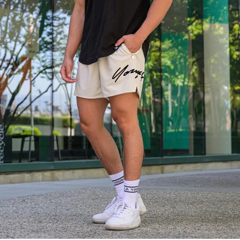 Woven Sports Quick Drying Black Shorts Men's Fitness Tide Brand Bodybuilding Slim Zipper Pocket Running Hip-hop Training Pants