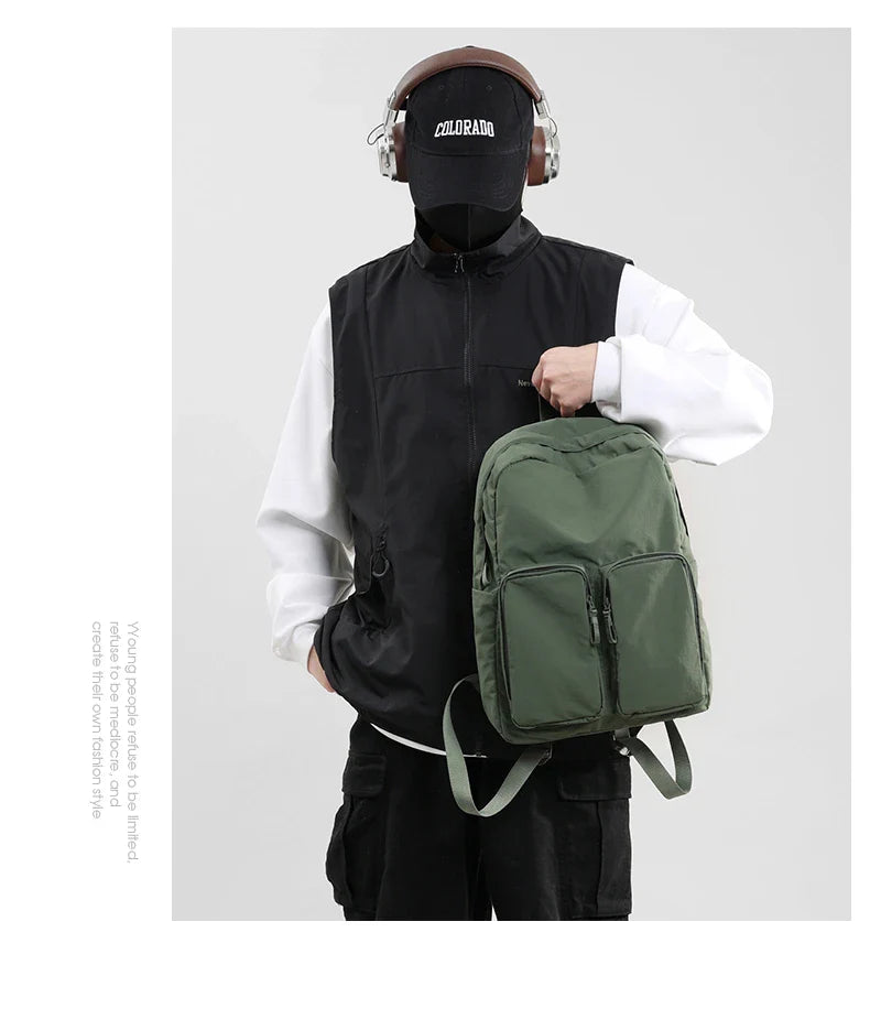 Water - resistant double - shoulder backpack. It has a large capacity, is lightweight and casual. Made of wrinkled and washed ny