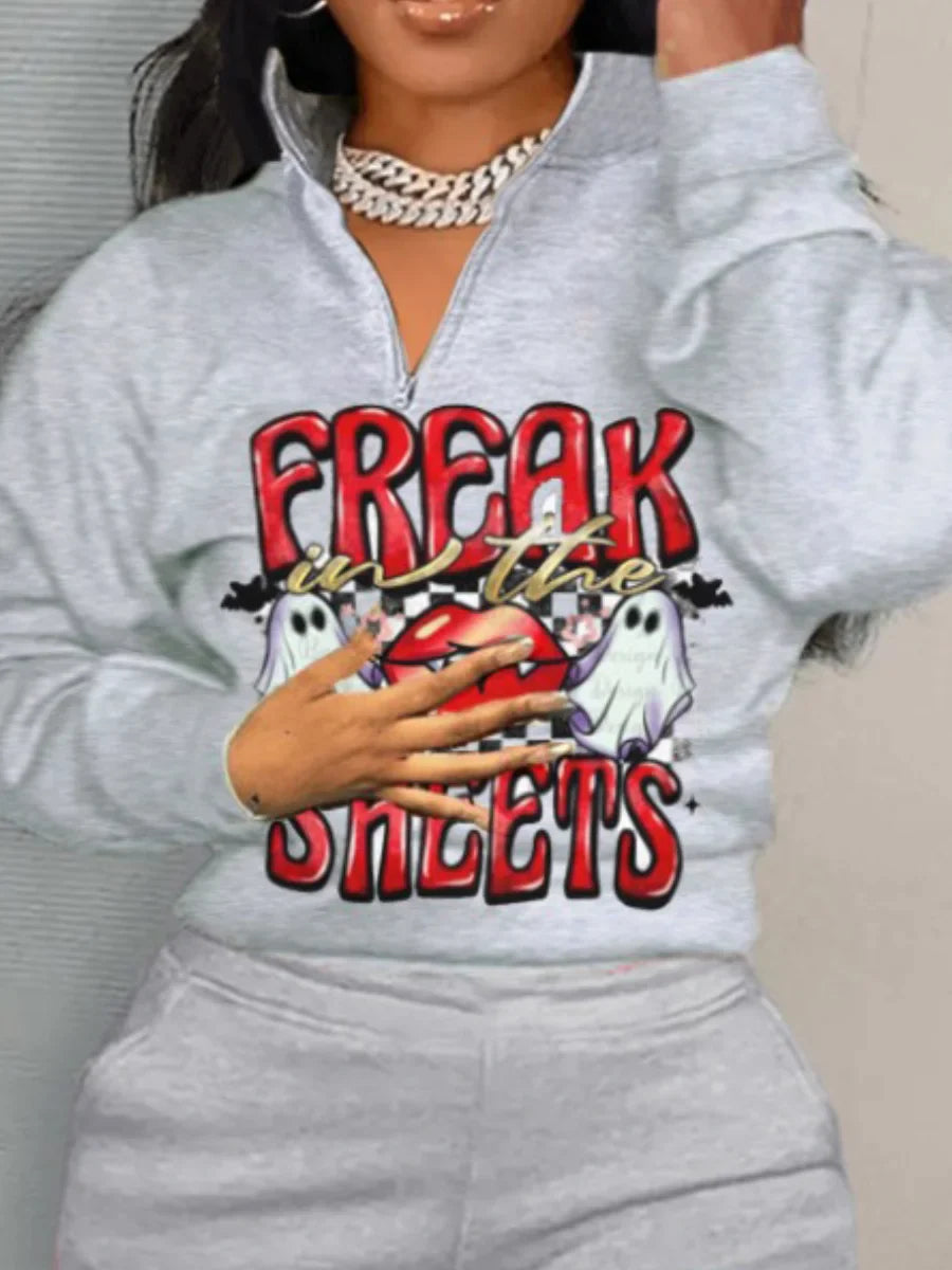 LW Plus Size Women Autumn & Winter Casual Skinny Round Neck Long Sleeve Pocket Zipper Design Cartoon Letter Print Pants Set