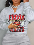 LW Plus Size Women Autumn & Winter Casual Skinny Round Neck Long Sleeve Pocket Zipper Design Cartoon Letter Print Pants Set