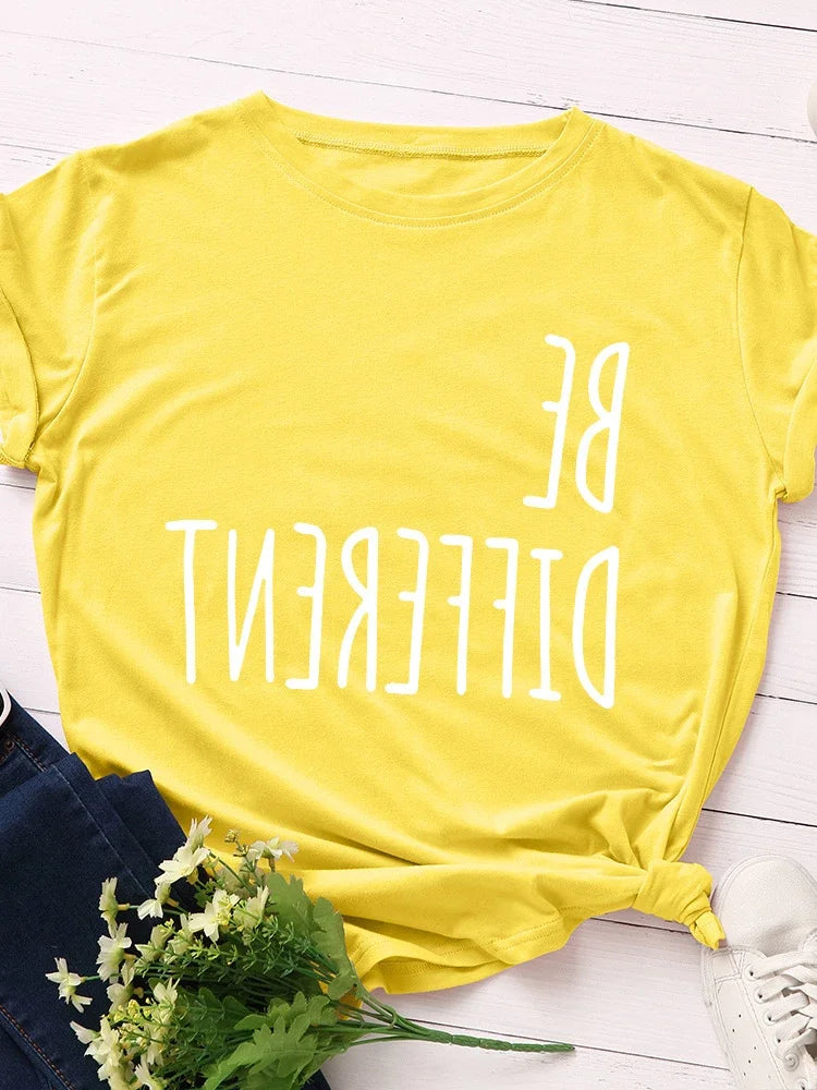Be Different Upside Down Letter Print T Shirt Women Short Sleeve O Neck Loose Tshirt Women Causal Tee Shirt Tops Camisetas Mujer