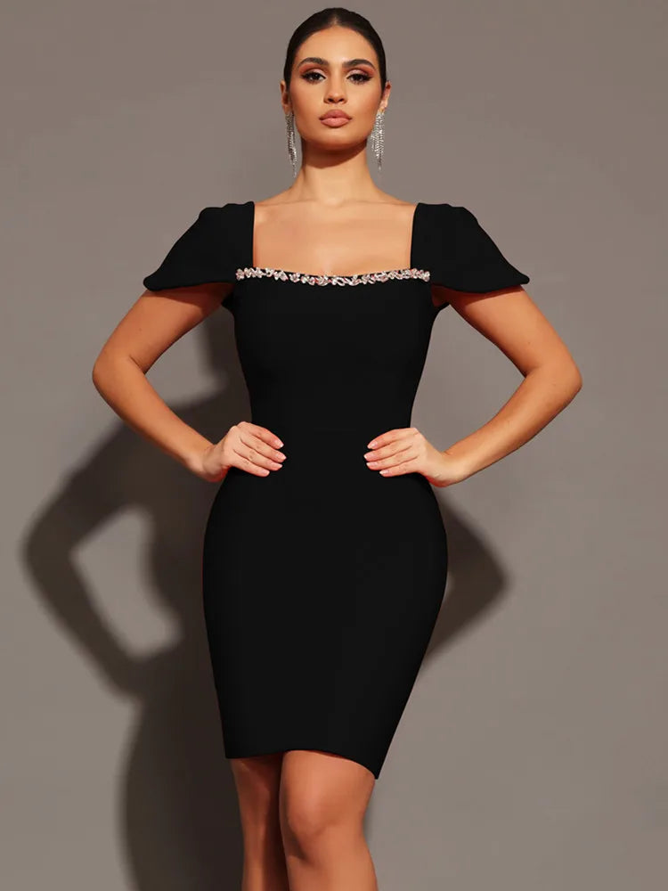 Women Celebrity Sexy Square Collar Black Red Mini Bodycon Bandage Dress 2024 Knitted Elegant Evening Club Party Outfit