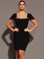 Women Celebrity Sexy Square Collar Black Red Mini Bodycon Bandage Dress 2024 Knitted Elegant Evening Club Party Outfit