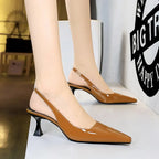 Women 6cm High Heels Retro Streetwear Catwalk Sandles Lady Daily Work Slingback Strap Elastic Mid Heels Glossy Leather Sandals
