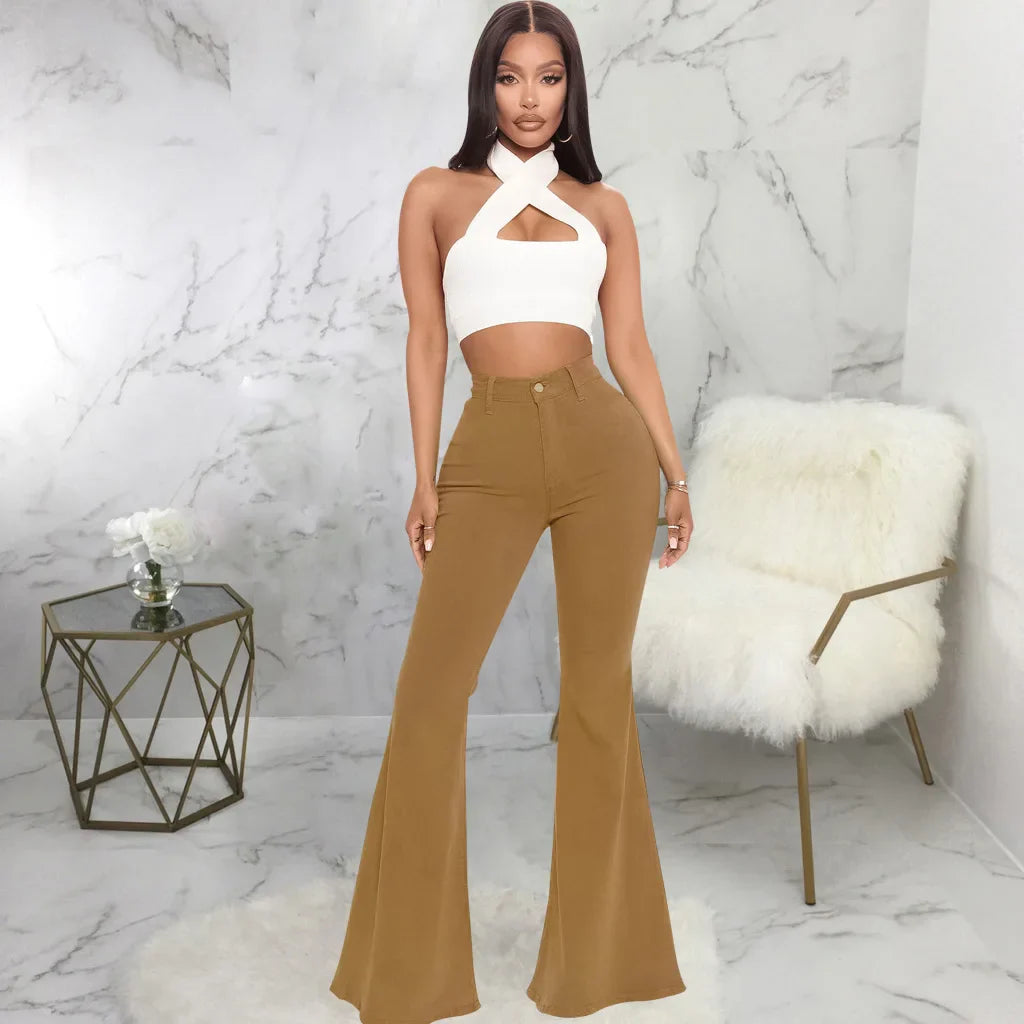 Women Jeans Flare Pants Sexy Denim Long Pant Hip Wrap Casual Solid Elegant Splice Regular Slim Fit High Waist Trousers Summer