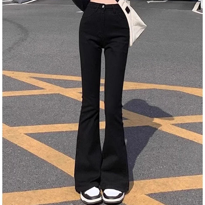 Woman American High Waist Slim Fit Bell Bottom Jeans Female Fashion Y2k Flare Pants Girls Elastic Designer Black Denim Trousers