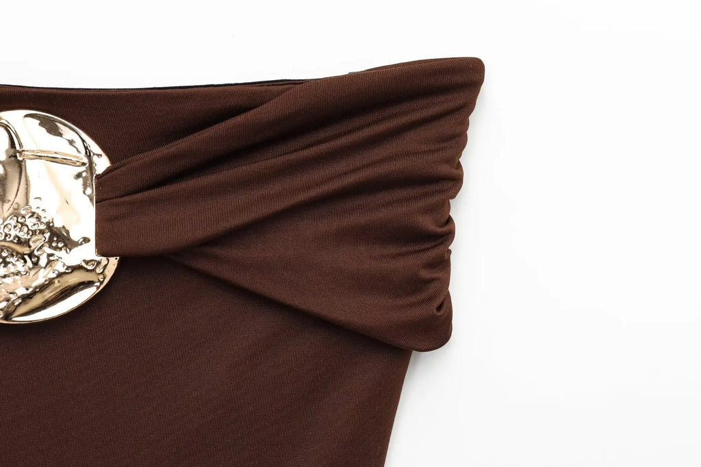 ZBZA Women's Sexy Jumpsuit Gold Button Pleated High Elastic Holiday Beach Solid Color Slim Fit Top Summer New Female Chic Top