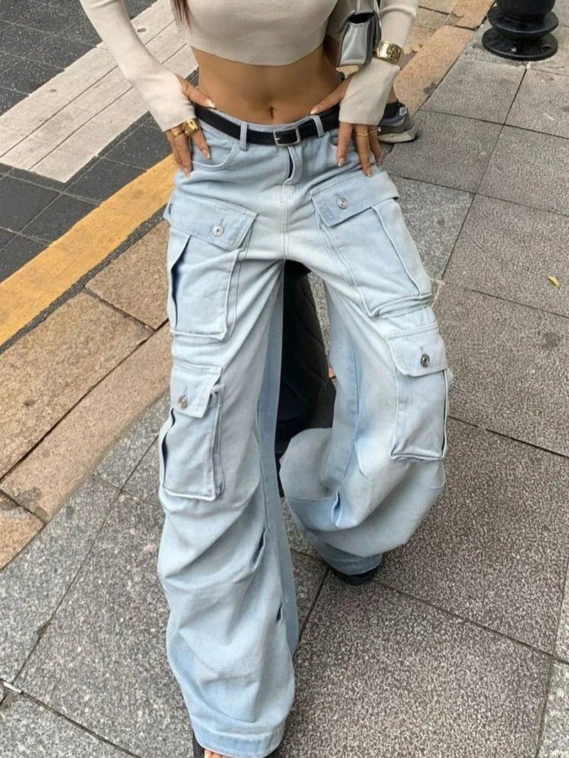 Women Harajuku Y2K Streetwear Jeans American Style Retro Multi-Pocket Straight Cargo Pants Trend Mid-waist Casual Blue Trousers