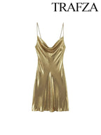 TRAF Women's Metallic Colour Glitter Dress Sexy Backless Sleeveless Spaghetti Strap Dresses Party Bar Sleeveless Short Dresses