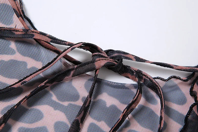 Combhasaki Women's Summer Mesh Leopard See-throug Tie-up Backless Mini Dress Flare Long Sleeve Beach Vacation Cover-ups Sundress