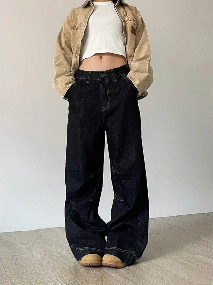 Vintage Y2K Wide Leg Loose Jeans Women Harajuku High Waist Baggy Denim Pants Korean Fashion Streetwear New Black Cowboy Trousers
