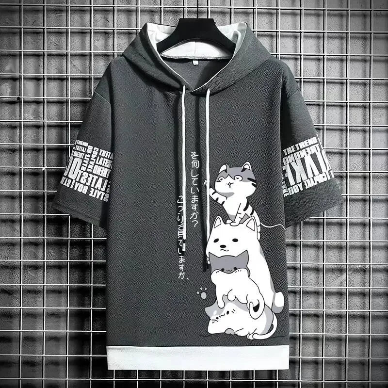 Summer T shirt Men's Hoodies Men Clothing Casual Harajuku Streetwear Print Hooded Top Short Sleeve Sweatshirts Men
