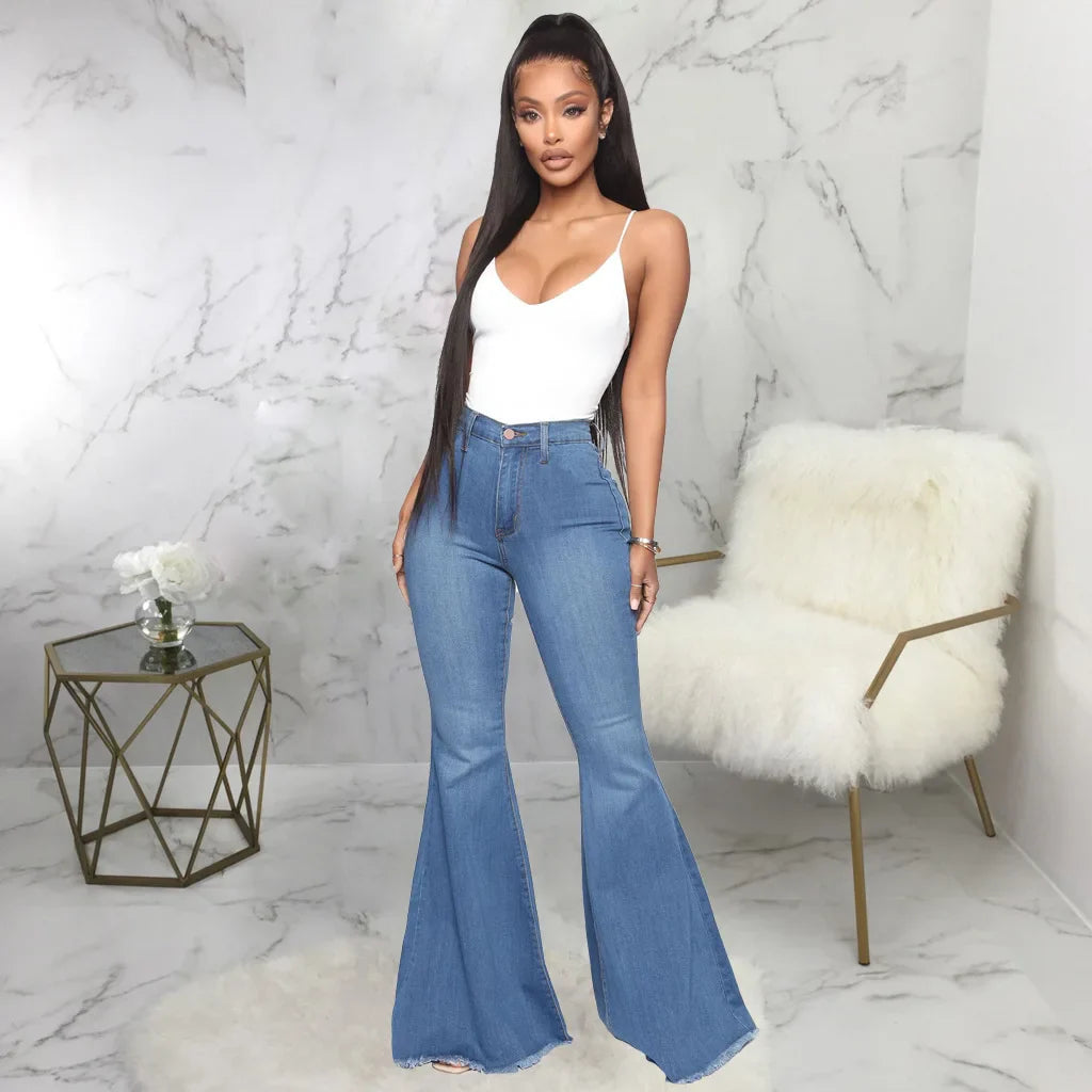 Women Jeans Flare Pants Sexy Denim Long Pant Hip Wrap Casual Solid Elegant Splice Regular Slim Fit High Waist Trousers Summer