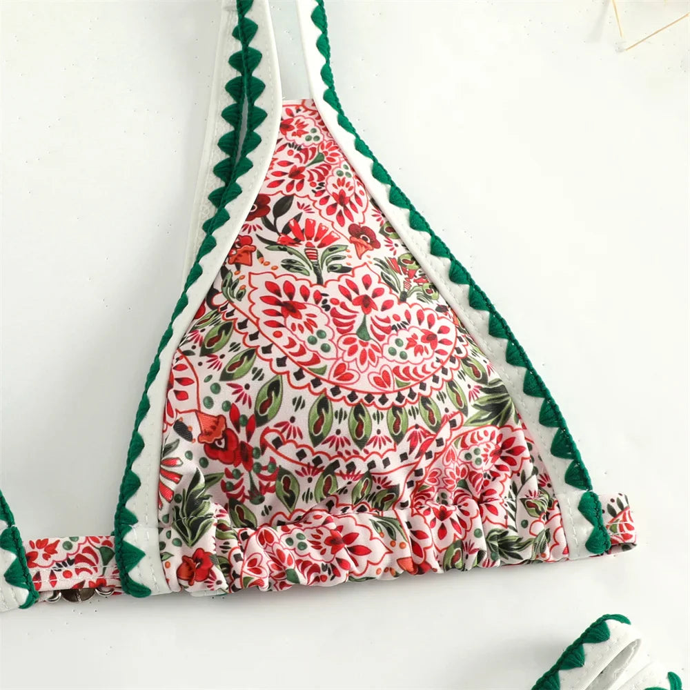 Trend Print Bikini Bordered Straps Swimsuit Thong Push Up Y2K Boho Swimwear Kawaii Women Two Piece Brazil BeachWear Bathing Suit