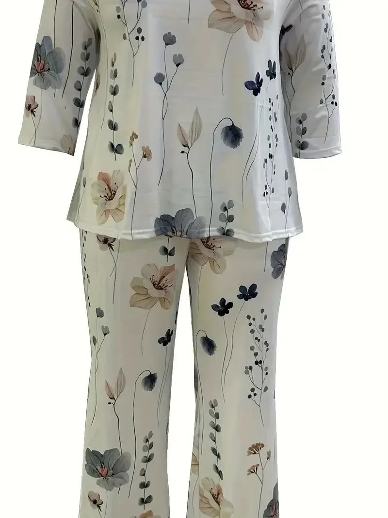 Women Plus Size 1XL-5XL Casual Outfits Set Floral Print Long Sleeve Round Neck Top Pants Outfits Two Piece Set