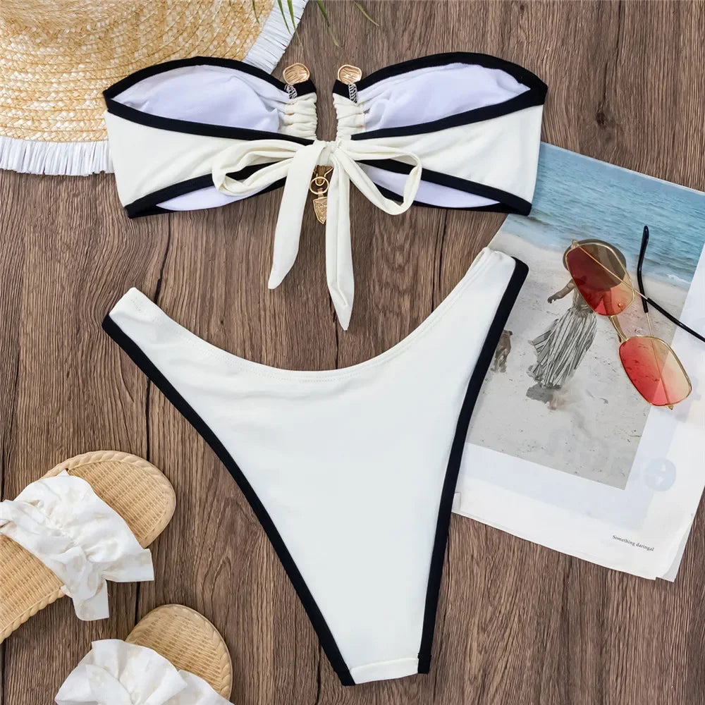 White Bandeau Bikinis Sets Woman Sexy Swimsuit Contrast Color Metal Buckle Swimwear High Cut Bathing Suit Brazilian Bikini Mujer