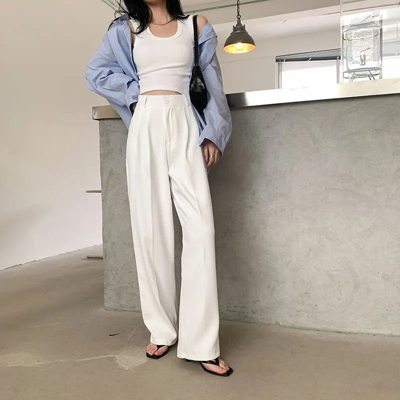 Summer Women's Draped Suit Pants Korean Style High-Waisted Button Casual Pants 2025 New Black White Baggy Office Lady Trousers