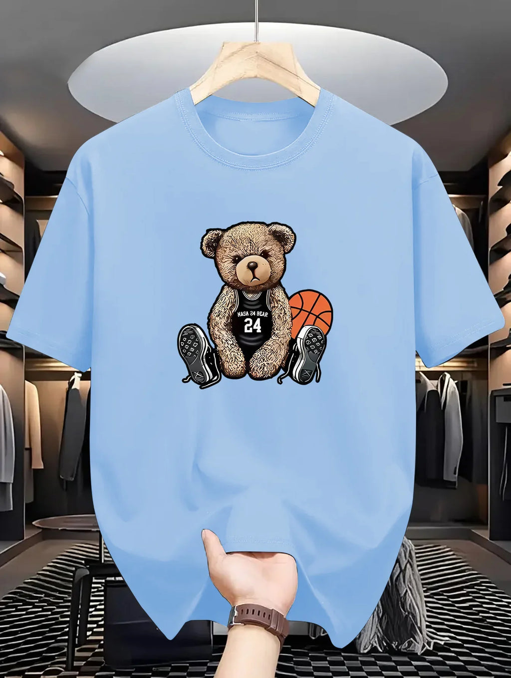 Men's summer 100% pure cotton fashionable casual loose plus size Leisure Bear printed sports round neck short sleeved T-shirt