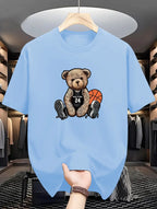 Men's summer 100% pure cotton fashionable casual loose plus size Leisure Bear printed sports round neck short sleeved T-shirt