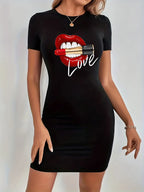 Women's plus size summer red lip LOVE print Tops tee O-neck Short Sleeve  short sleeved round neck slim fit casual T-shirt dress