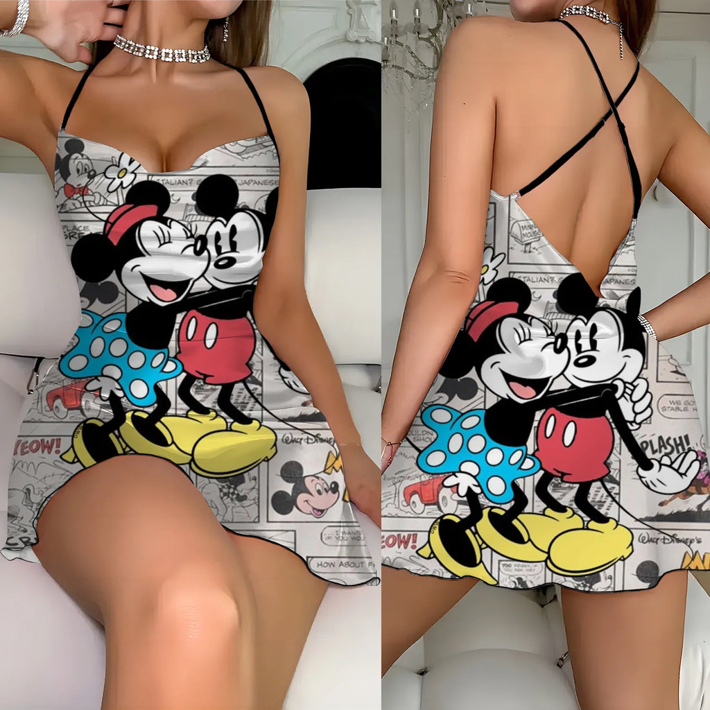 Crew Neck Lettuce Trim Backless Dress Minnie Mouse Mickey Disney Elegant Dresses for Women Fashion Summer 2024 Neck Slip Dress