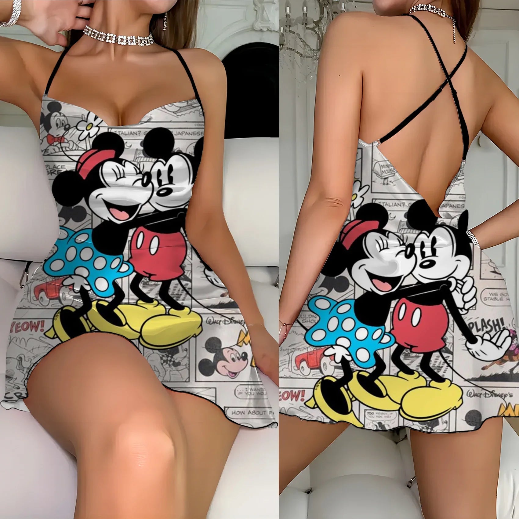 Crew Neck Lettuce Trim Backless Dress Minnie Mouse Mickey Disney Elegant Dresses for Women Fashion Summer 2024 Neck Slip Dress