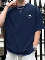 Summer men's 100% pure cotton casual loose plus size Letter And Mountain pattern printed round neck short sleeved T-shirt top