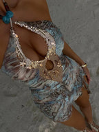 Women Sexy Printed Vestidos Chic Sleeveless Hollow Out Halter Bodycon Mini Dress 2025 Ladies Beach Seaside Vacation Bohemia Wear